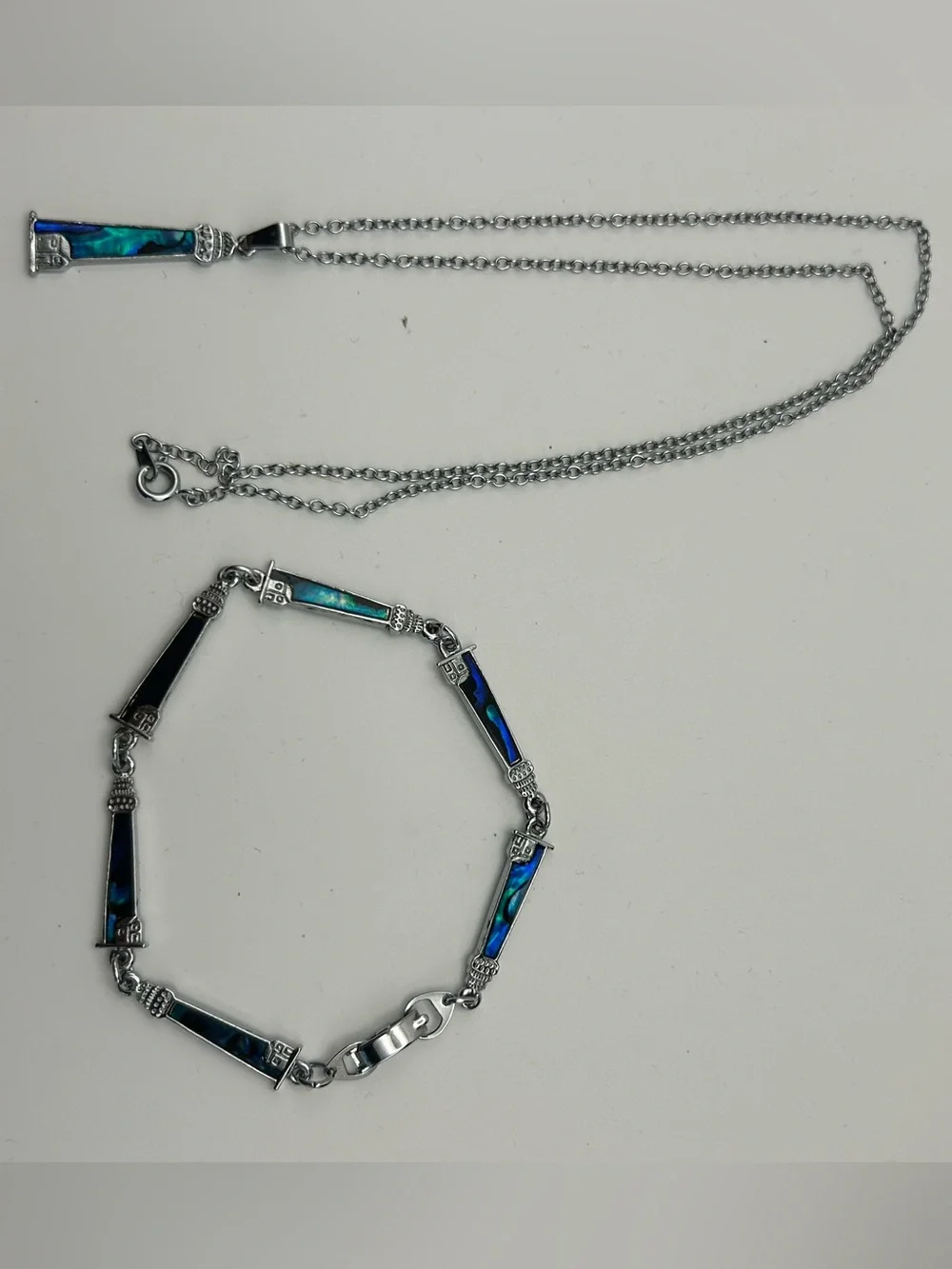 Silver Tone Blue Abalone Inlay Jewelry Set - Necklace, Bracelet & Earrings (7)